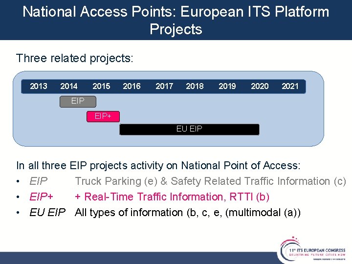 National Access Points: European ITS Platform Projects Three related projects: 2013 2014 2015 2016 National Access Points: European ITS Platform Projects Three related projects: 2013 2014 2015 2016