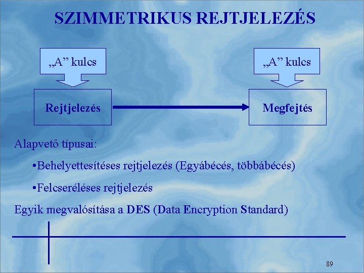 SZIMMETRIKUS REJTJELEZÉS „A” kulcs Rejtjelezés Megfejtés Alapvető típusai: • Behelyettesítéses rejtjelezés (Egyábécés, többábécés) •