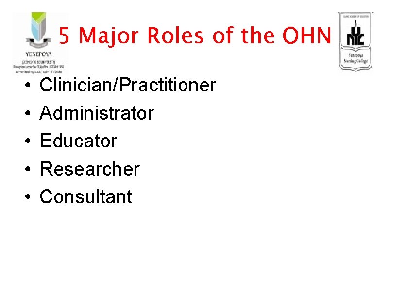 5 Major Roles of the OHN • • • Clinician/Practitioner Administrator Educator Researcher Consultant
