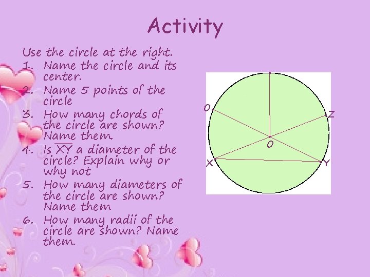 Activity Use the circle at the right. 1. Name the circle and its center.