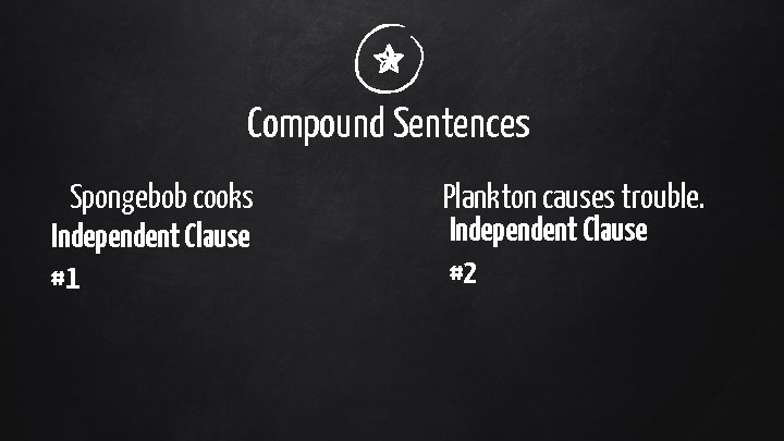 Compound Sentences Spongebob cooks Independent Clause #1 Plankton causes trouble. Independent Clause #2 
