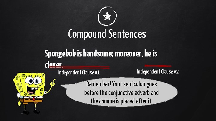 Compound Sentences Spongebob is handsome; moreover, he is clever. Independent Clause #1 Independent Clause