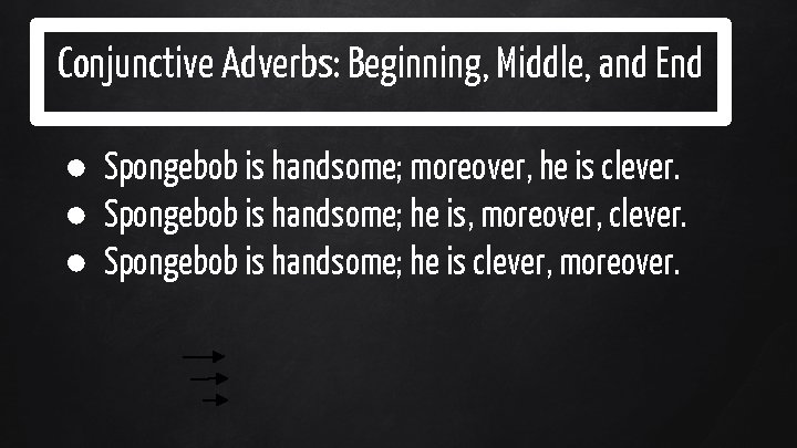 Conjunctive Adverbs: Beginning, Middle, and End ● Spongebob is handsome; moreover, he is clever.