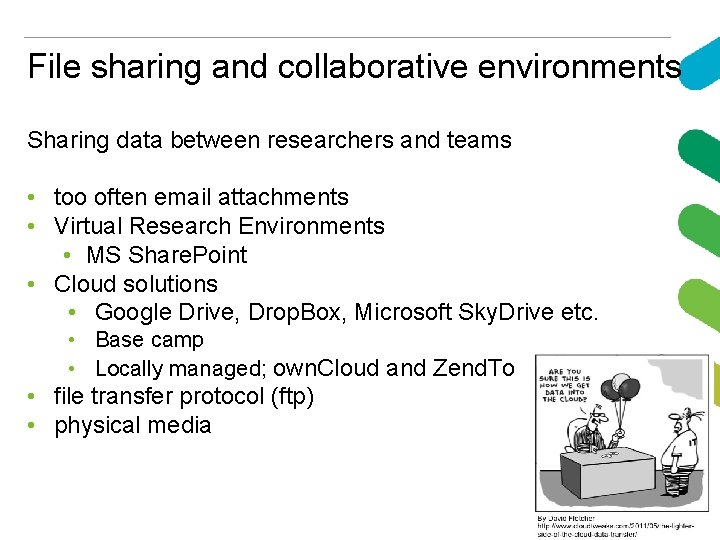 File sharing and collaborative environments Sharing data between researchers and teams • too often