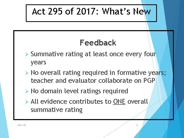 Act 295 of 2017: What’s New Feedback Ø Summative rating at least once every