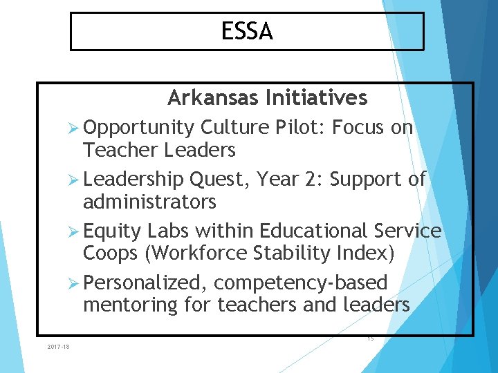 ESSA Arkansas Initiatives Ø Opportunity Culture Pilot: Focus on Teacher Leaders Ø Leadership Quest,