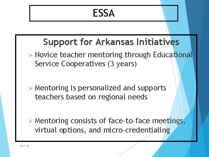 ESSA Support for Arkansas Initiatives Ø Novice teacher mentoring through Educational Service Cooperatives (3