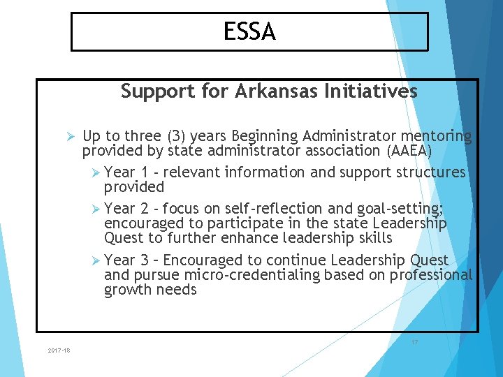 ESSA Support for Arkansas Initiatives Ø Up to three (3) years Beginning Administrator mentoring