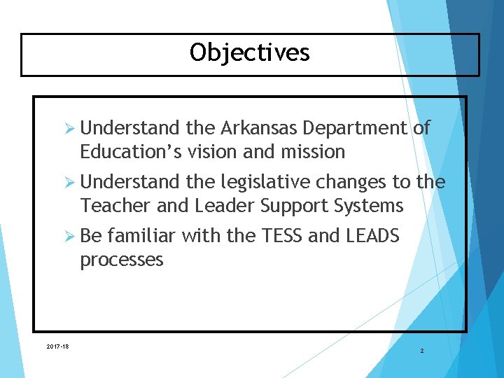 Objectives Ø Understand the Arkansas Department of Education’s vision and mission Ø Understand the