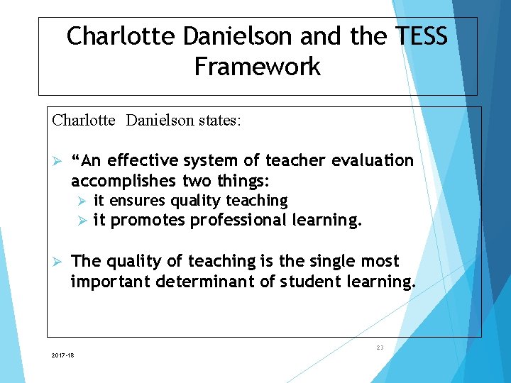 Charlotte Danielson and the TESS Framework Charlotte Danielson states: Ø Ø “An effective system