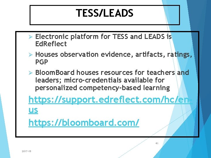TESS/LEADS Electronic platform for TESS and LEADS is Ed. Reflect Ø Houses observation evidence,