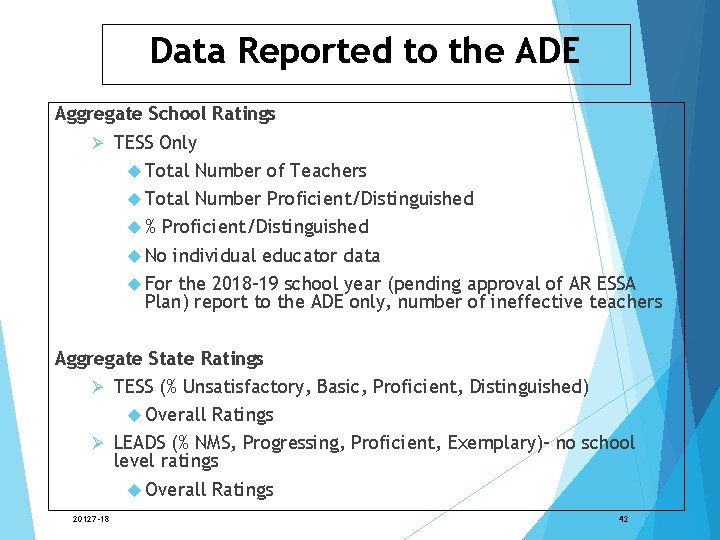 Data Reported to the ADE Aggregate School Ratings Ø TESS Only Total Number of