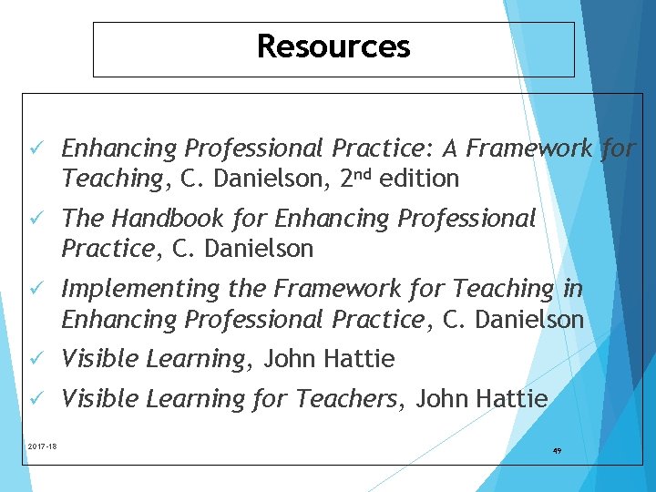 Resources ü Enhancing Professional Practice: A Framework for Teaching, C. Danielson, 2 nd edition