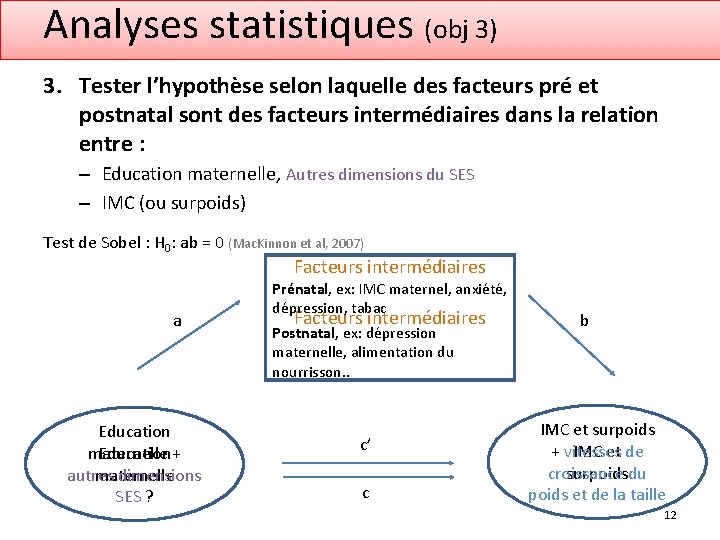 Analyses statistiques (obj 3) 3. Tester l’hypothèse selon laquelle des facteurs pré et postnatal