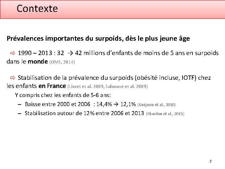 Contexte Prévalences importantes du surpoids, dès le plus jeune âge 1990 – 2013 :