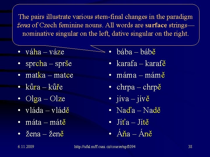 The pairs illustrate various stem-final changes in the paradigm žena of Czech feminine nouns.