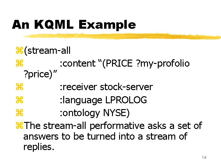 An KQML Example z(stream-all z : content “(PRICE ? my-profolio ? price)” z :