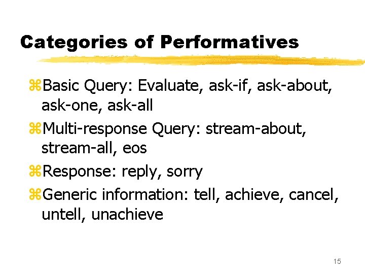 Categories of Performatives z. Basic Query: Evaluate, ask-if, ask-about, ask-one, ask-all z. Multi-response Query: