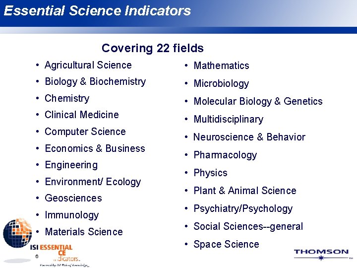 Essential Science Indicators Covering 22 fields • Agricultural Science • Mathematics • Biology &
