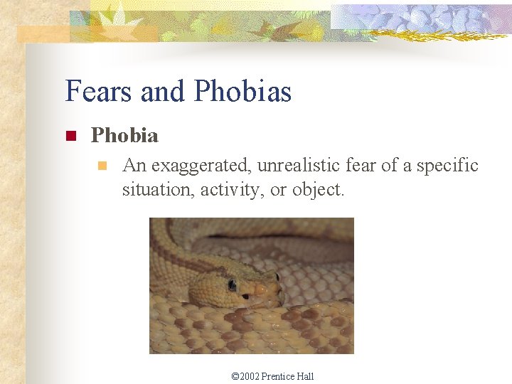 Fears and Phobias n Phobia n An exaggerated, unrealistic fear of a specific situation,