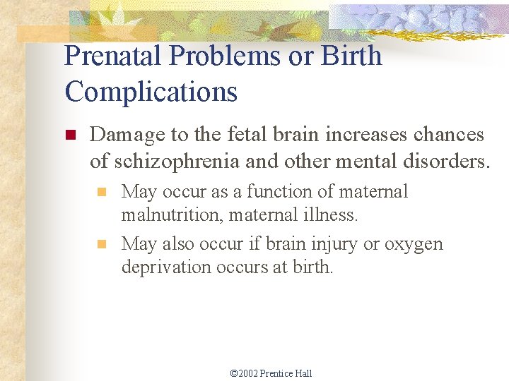 Prenatal Problems or Birth Complications n Damage to the fetal brain increases chances of