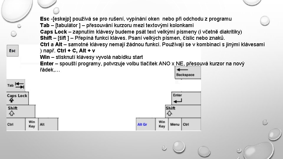 Esc -[eskejp] používá se pro rušení, vypínání oken nebo při odchodu z programu Tab