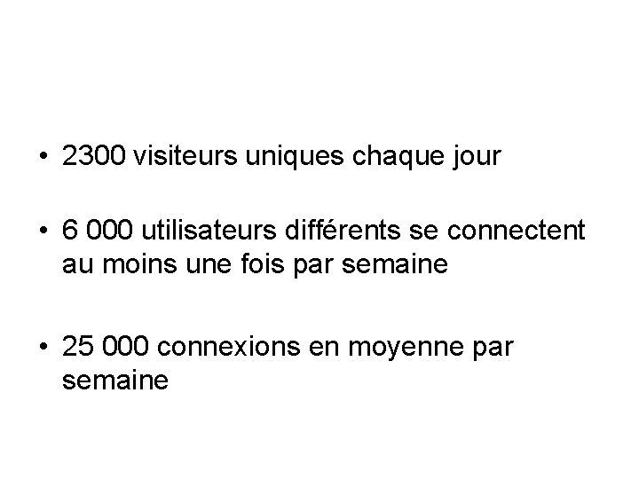  • 2300 visiteurs uniques chaque jour • 6 000 utilisateurs différents se connectent