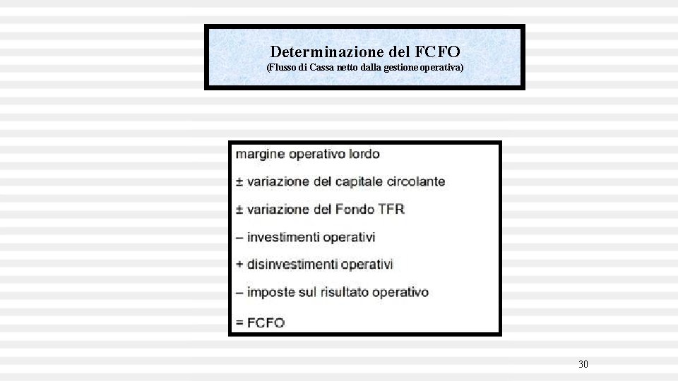 Determinazione del FCFO (Flusso di Cassa netto dalla gestione operativa) 30 