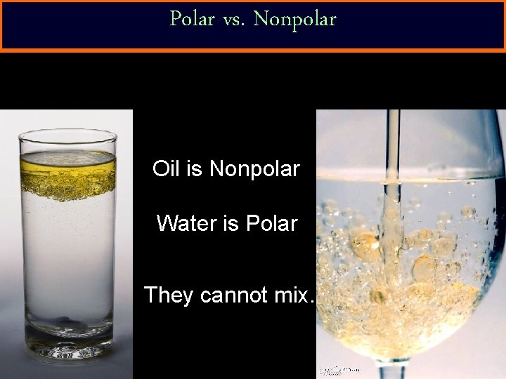 Polar vs. Nonpolar Oil is Nonpolar Water is Polar They cannot mix. 