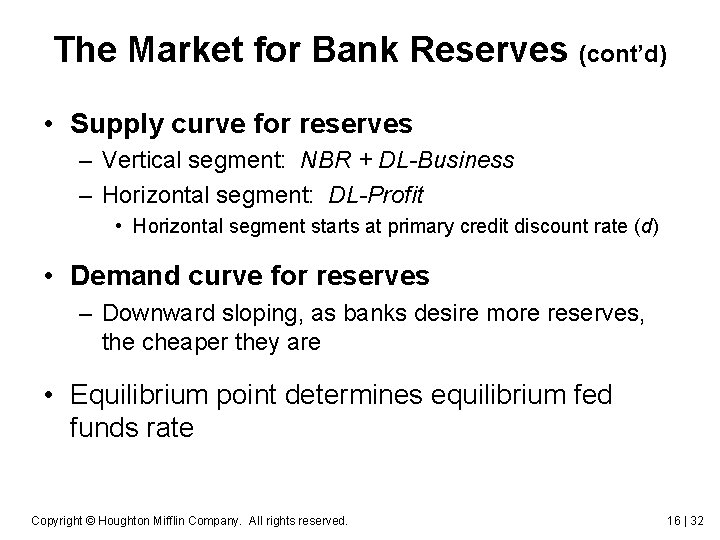 The Market for Bank Reserves (cont’d) • Supply curve for reserves – Vertical segment: