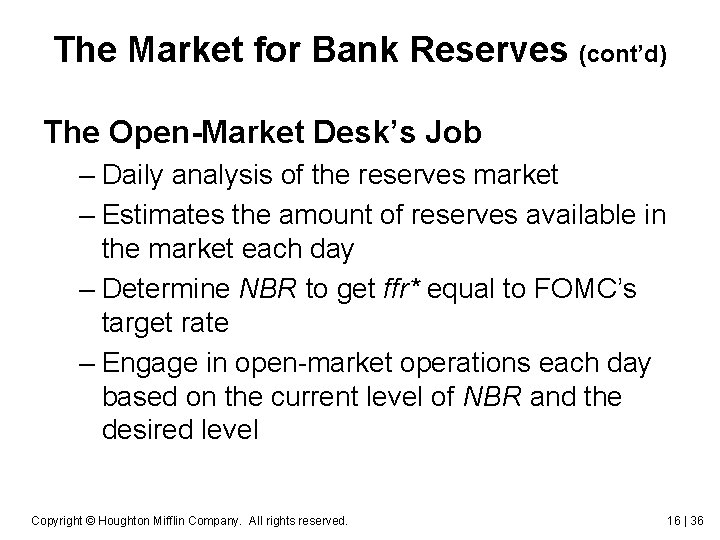 The Market for Bank Reserves (cont’d) The Open-Market Desk’s Job – Daily analysis of