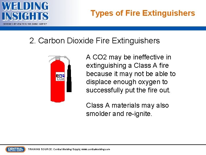 Types of Fire Extinguishers 2. Carbon Dioxide Fire Extinguishers A CO 2 may be