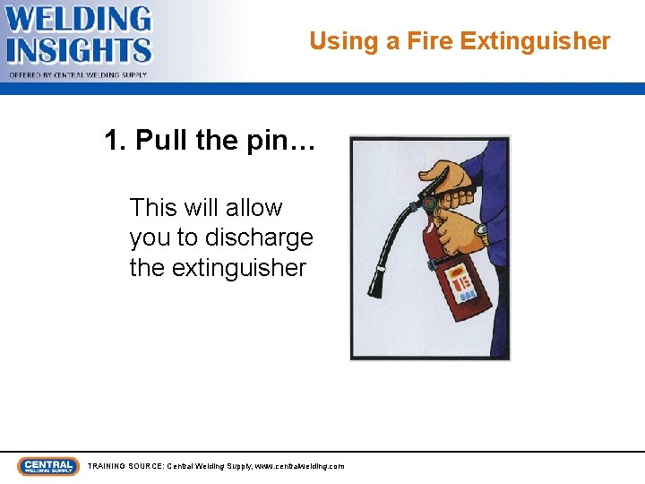 Using a Fire Extinguisher 1. Pull the pin… This will allow you to discharge