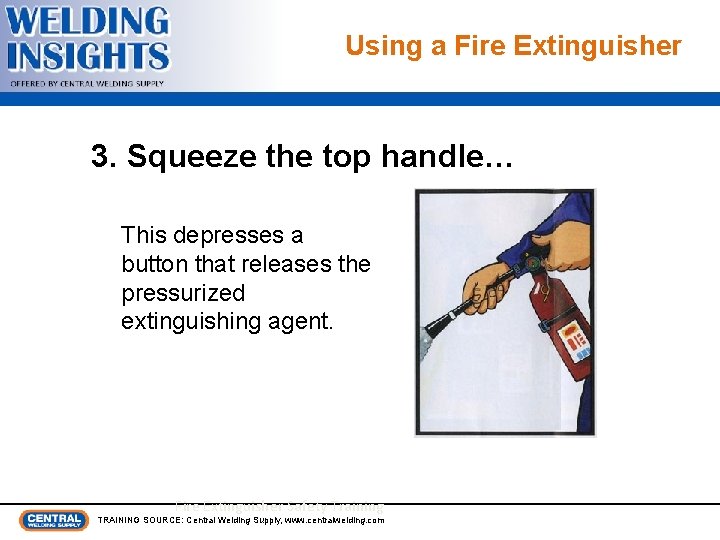 Using a Fire Extinguisher 3. Squeeze the top handle… This depresses a button that