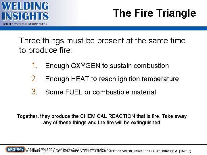 The Fire Triangle Three things must be present at the same time to produce