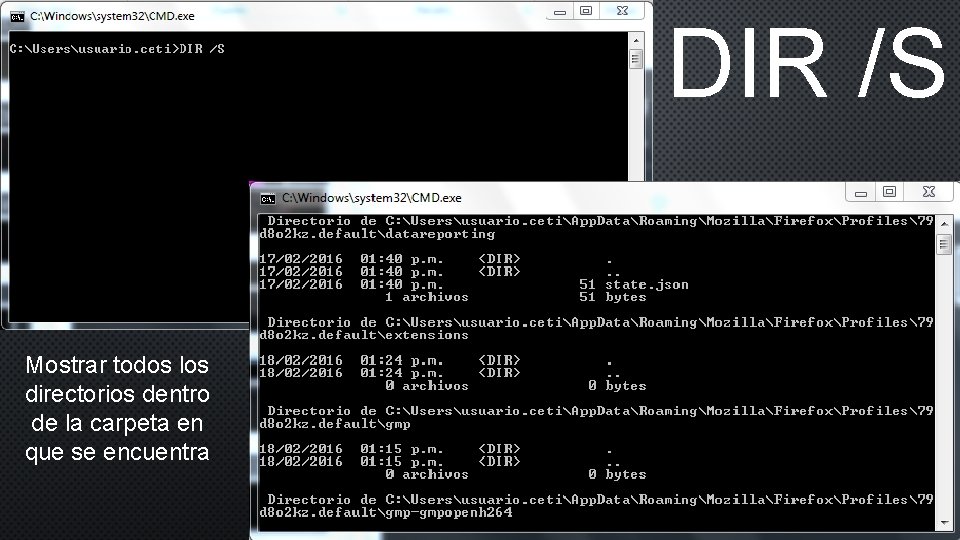 DIR /S Mostrar todos los directorios dentro de la carpeta en que se encuentra