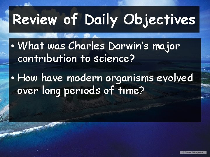 Review of Daily Objectives • What was Charles Darwin’s major contribution to science? •