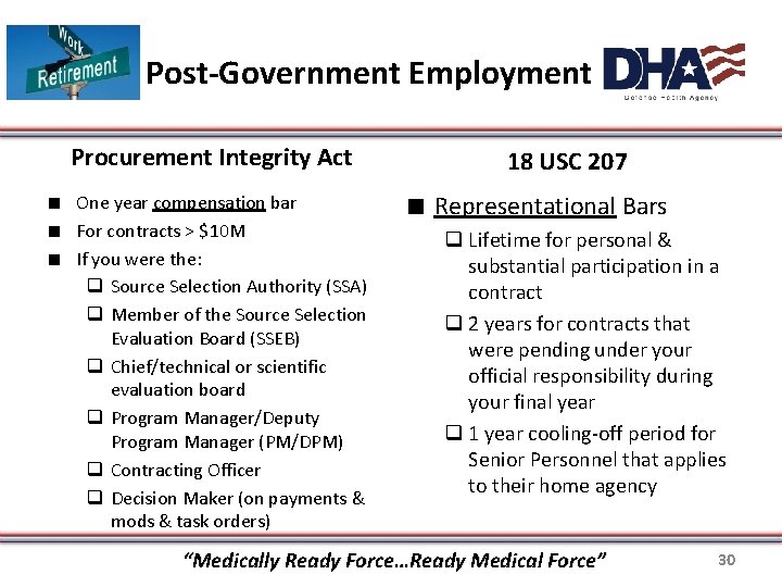 Post-Government Employment Procurement Integrity Act ∎ One year compensation bar ∎ For contracts >