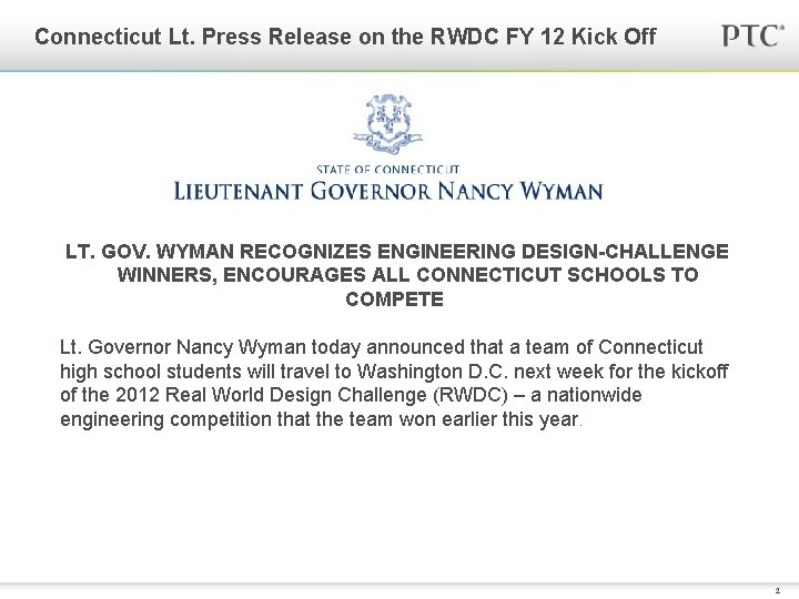 Connecticut Lt. Press Release on the RWDC FY 12 Kick Off LT. GOV. WYMAN