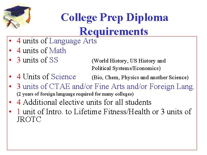 College Prep Diploma Requirements • 4 units of Language Arts • 4 units of