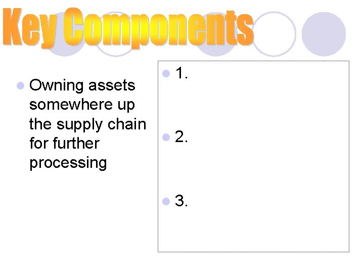 l Owning l 1. assets somewhere up the supply chain l 2. for further