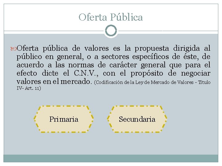 Oferta Pública Oferta pública de valores es la propuesta dirigida al público en general,