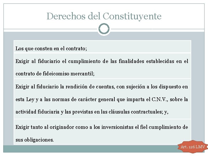 Derechos del Constituyente Los que consten en el contrato; Exigir al fiduciario el cumplimiento