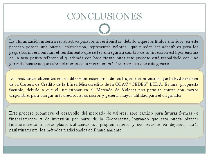 CONCLUSIONES La titularización muestra ser atractiva para los inversionistas; debido a que los títulos