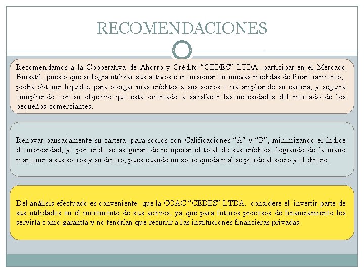 RECOMENDACIONES Recomendamos a la Cooperativa de Ahorro y Crédito “CEDES” LTDA. participar en el