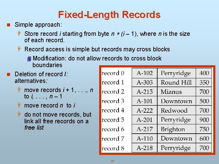 Fixed-Length Records n Simple approach: H Store record i starting from byte n (i