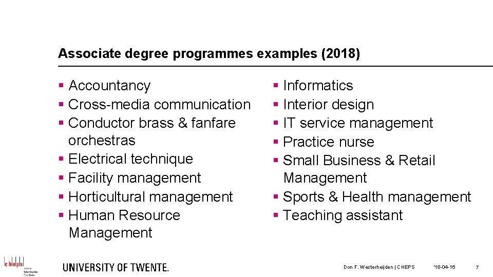Associate degree programmes examples (2018) § Accountancy § Cross-media communication § Conductor brass &