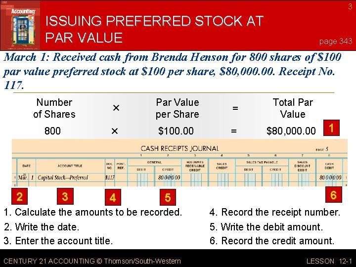 3 ISSUING PREFERRED STOCK AT PAR VALUE page 343 March 1: Received cash from 3 ISSUING PREFERRED STOCK AT PAR VALUE page 343 March 1: Received cash from