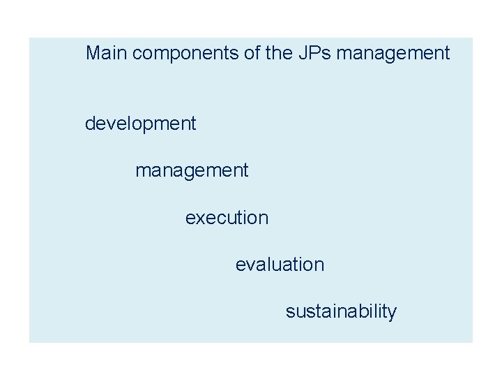 Main components of the JPs management development management execution evaluation sustainability 