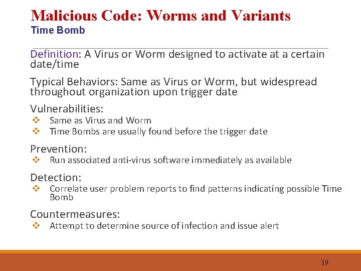 Malicious Code: Worms and Variants Time Bomb Definition: A Virus or Worm designed to